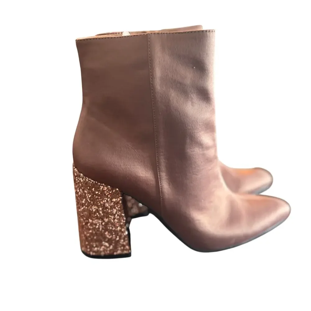 Shellys London Hugsy Satin Boots 8.5 NWT Tan Ankle Heel Glam Sequin Glitter